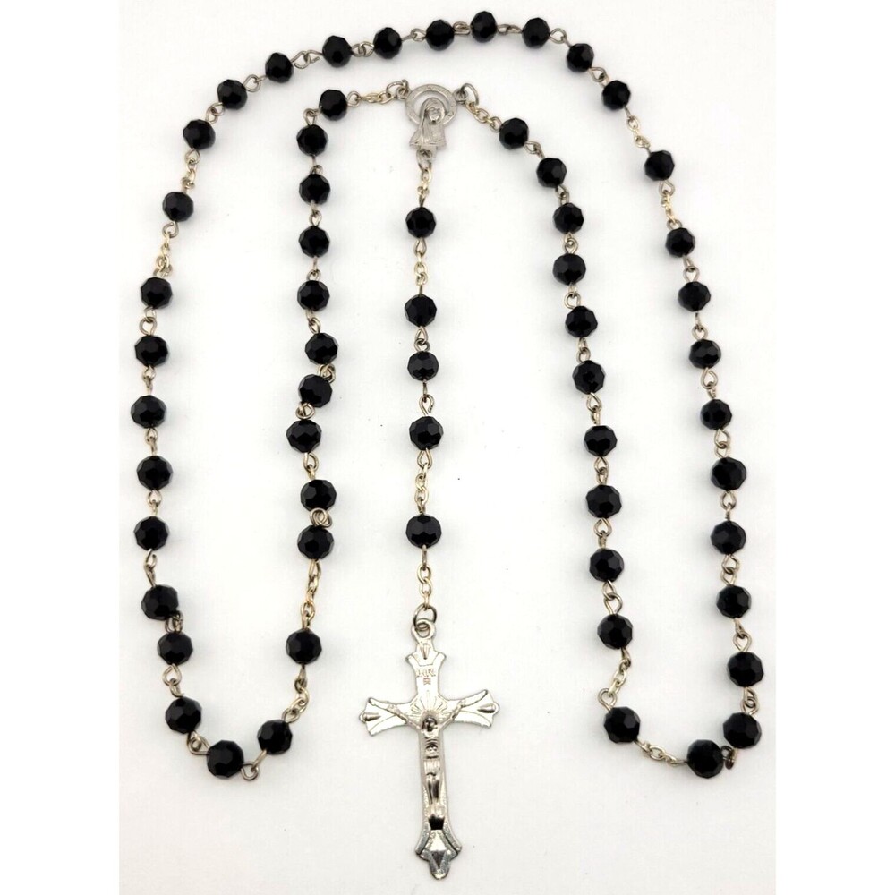 Vintage Black Faceted Glass Crystal Silver Tone Rosary 20" Mary Jesus Catholic